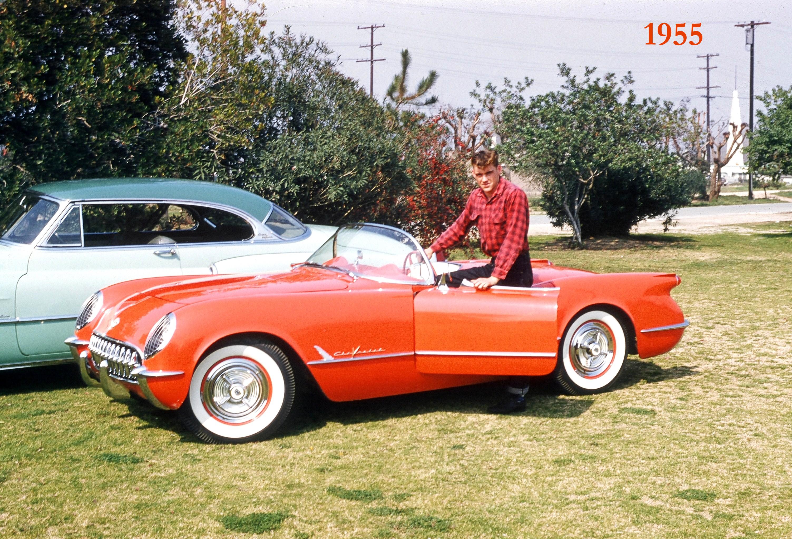 Race car driver Dave MacDonald near his 1953 green Cadillac